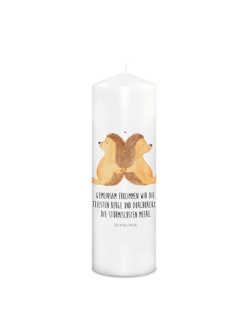 Mr. & Mrs. Panda Schmuckkerze Igel händchenhaltend mit Spruch in Weiß