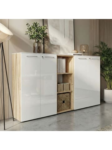 KADIMA DESIGN Aktenregal 3 Ordnerhöhen & Glasauflage Büroregal in Chalet-Eiche-Nb.-Weiß