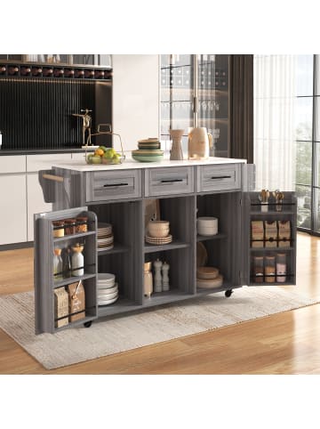 ABRIHOME Küchenwagen in Grau mit Marmorplatte 139x46x91.5 cm klappbare Arbeitsfläche