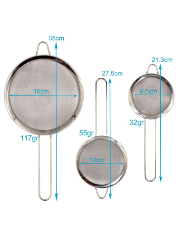 Intirilife 3x Küchensieb Seiher aus Edelstahl feinmaschig 8 / 12 / 18 cm in Silber