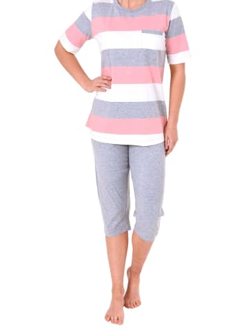 NORMANN Pyjama kurzarm Capri Hose Blockstreifen - 61853 in rosa