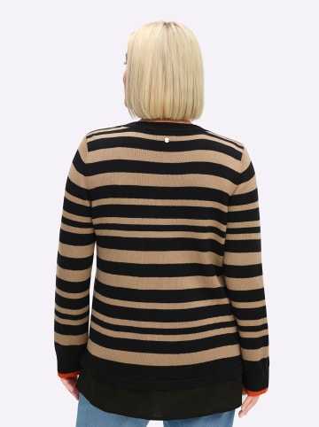 sheego Pullover in schwarz-beige-gestreift