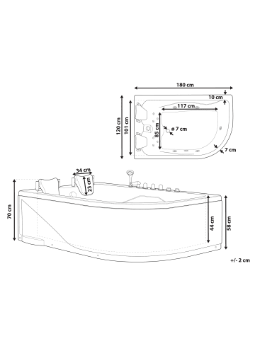 Beliani Eckbadewannen CALAMA in Weiß/Schwarz/Silber - (W) 120 x (H) 70 x (L) 180 cm