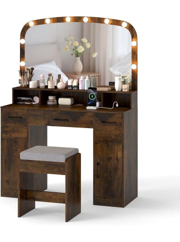 COSTWAY Schminktisch mit Schminkhocker & 3 Lichtfarben LED-Spiegel in Braun