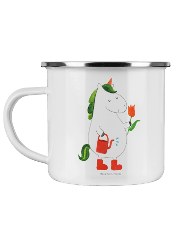 Mr. & Mrs. Panda Camping Emaille Tasse Einhorn Gärtner ohne Spruch in Weiß