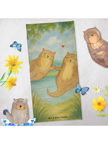 Mr. & Mrs. Panda Badehandtuch Otter Hände halten Design ohne Spruch in Grau Pastell