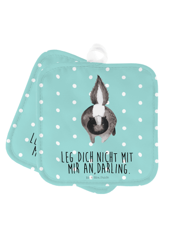 Mr. & Mrs. Panda 2er Set Topflappen  Stinktier Angriff mit Spruch in Türkis Pastell