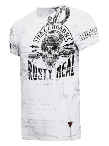 Rusty Neal Herren Vintage Oil Wash T-Shirt mit Skull Print & Raw Edge Rundhals in Weiß