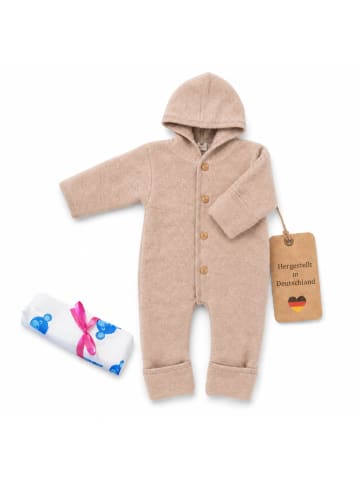 Kinderhaus Blaubär Baby-Overall mit Kapuze, Holzknöpfen & Mulltuch Blaubaer in Sand Melange