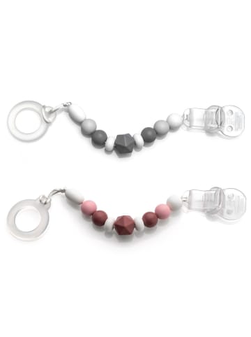 MiaMia Schnullerkette mit Silikon-Perlen & Gummiring in rosa,grau
