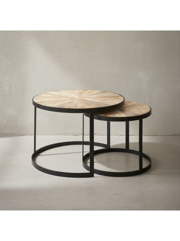 KADIMA DESIGN Wohnzimmertisch 2er-Set | Mango Massiv, Metallbeine Braun, Rund in Braun