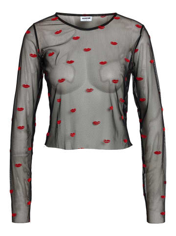 Noisy may Top Mesh-Oberteil langärmlig Lippenprint durchsichtig in Schwarz