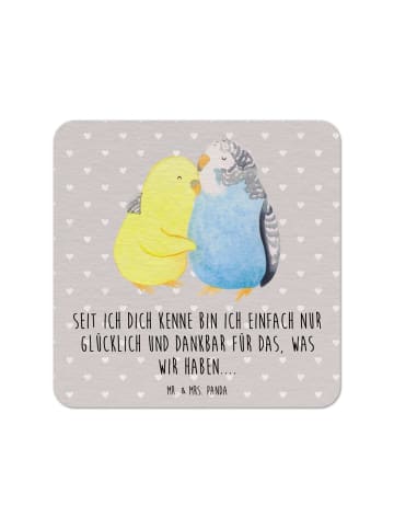 Mr. & Mrs. Panda Tischuntersetzer Wellensittich Liebe mit Spruch in Grau Pastell