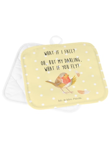 Mr. & Mrs. Panda Topfuntersetzer Rotkehlchen Federn mit Spruch in Gelb Pastell