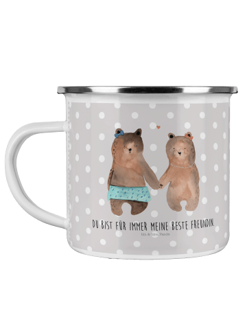 Mr. & Mrs. Panda Camping Emaille Tasse Bär Freundin mit Spruch in Grau Pastell