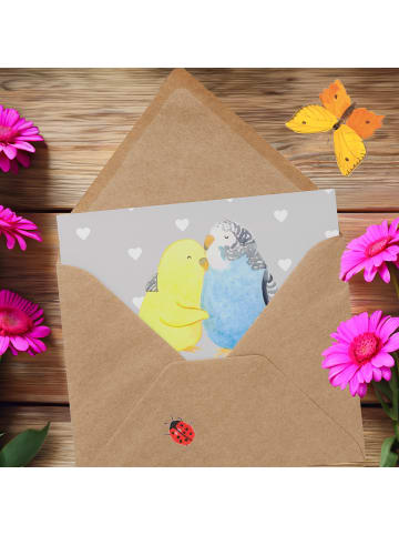 Mr. & Mrs. Panda Einladungskarte Wellensittich Liebe mit Spruch in Grau Pastell