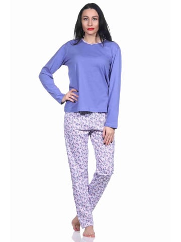 NORMANN langarm Schlafanzug Pyjama allover bedrucker Hose in blau