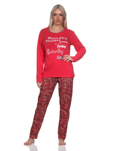 NORMANN Damen Schlafanzug lang mit lässigem Print und Allover-Muster - 86322 in rot