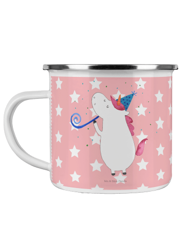 Mr. & Mrs. Panda Camping Emaille Tasse Einhorn Party ohne Spruch in Rot Pastell