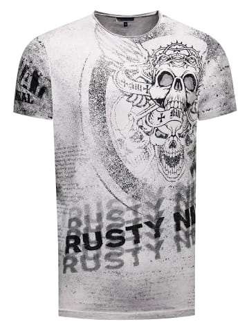 Rusty Neal Vintage Biker T-Shirt mit Skull All Over Print, Oil Wash & Raw Edge in Grau