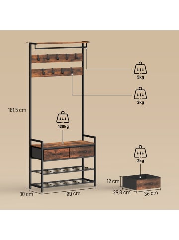 HOMCOM Garderobenständer-80L x 30B x 181,5H cm-Rustikal Braun