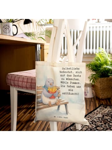 Mr. & Mrs. Panda Tote Bag Taube Winter Pommes Design mit Spruch in Weiß