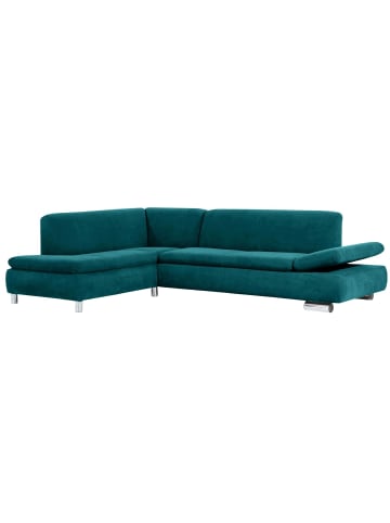 58 aufm Kessel ECKSOFA mit Ottomane links Kaye Bezug Veloursstoff Metallfuß verchromt / petrol
