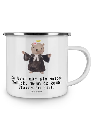 Mr. & Mrs. Panda Camping Emaille Tasse Pfarrerin Herz mit Spruch in Weiß