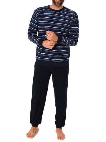 NORMANN Lange Frottee Pyjama Schlafanzug Bündchen Streifen - 50168 in marine