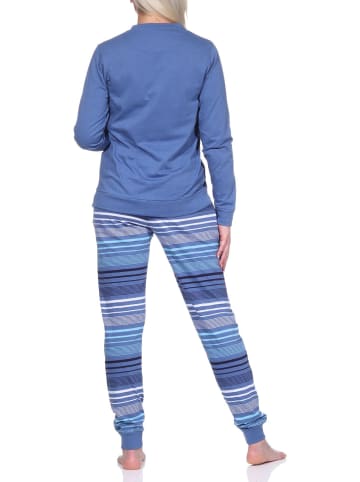 NORMANN Pyjama Bündchen und gestreifter Hose - 75664 in blau-melange