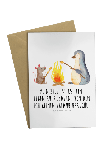 Mr. & Mrs. Panda Grußkarte Pinguin Lagerfeuer mit Spruch in Weiß