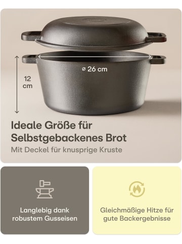 Praknu Gusseisen Brottopf Set Rund 4,7L mit Gärkörbchen & Leinenbeutel