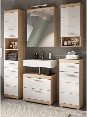 Inn.Furn Badmöbel-Setweiß Hochglanz, Eiche 5-teilig 164 cm, Komplettset mit viel Stauraum