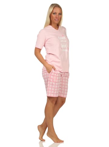 NORMANN kurzarm Pyjama Shorty karierter Jersey Hose in rosa