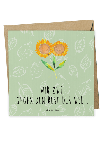 Mr. & Mrs. Panda Grußkarte Blume Sonnenblume mit Spruch in Blattgrün