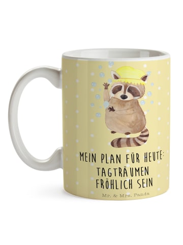 Mr. & Mrs. Panda Cappuccinotasse Waschbär mit Spruch in Gelb Pastell