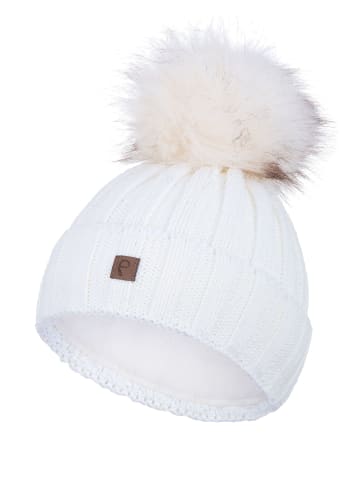 Faera Warme Beanie Strickmütze mit Bommel Thermo Futter in Weiß