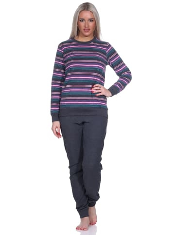 NORMANN Kuschel Frottee Schlafanzug Bündchen Streifen - 75934 in anthrazit-melange
