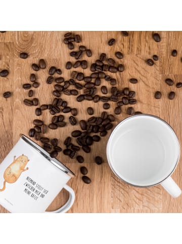 Mr. & Mrs. Panda Camping Emaille Tasse Katze Umarmen mit Spruch in Weiß