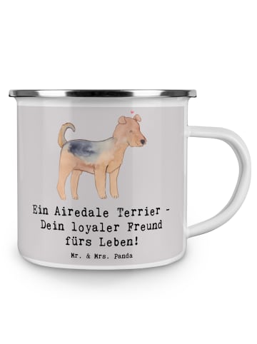 Mr. & Mrs. Panda Camping Emaille Tasse Airedale Terrier mit Spruch in Grau Pastell