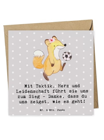 Mr. & Mrs. Panda Einladungskarte Fußball Trainerin mit Spruch in Grau Pastell