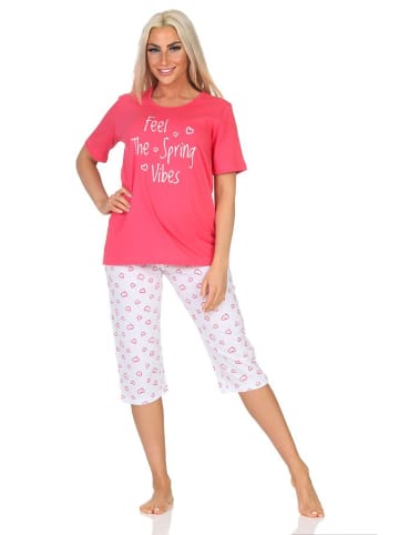 NORMANN Schlafanzug kurzarm Capri Pyjama Pyjamahose Herz print in pink
