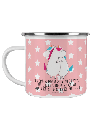 Mr. & Mrs. Panda Camping Emaille Tasse Einhörner Umarmen mit Spruch in Rot Pastell