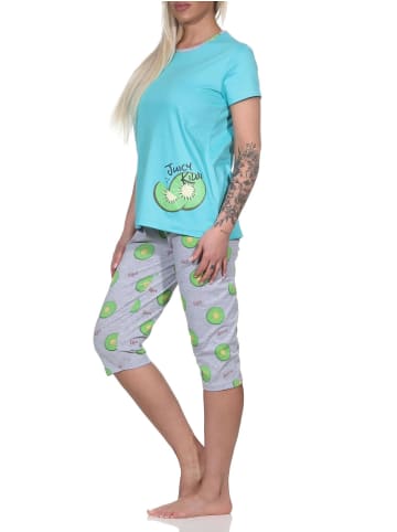 NORMANN Schlafanzug kurzarm Pyjama Capri Pyjamahose Kiwi print - 86380 in türkis