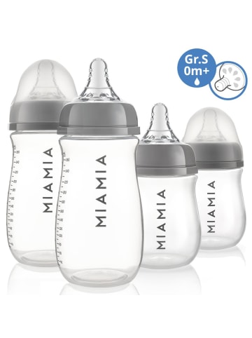 MiaMia PP-Flasche 4er Pack 140 ml & 260 ml + Silikon-Trinksauger in grau