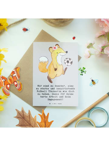Mr. & Mrs. Panda babykarte Fußball Trainerin Dankbarkeit mit Spruch in Grau Pastell