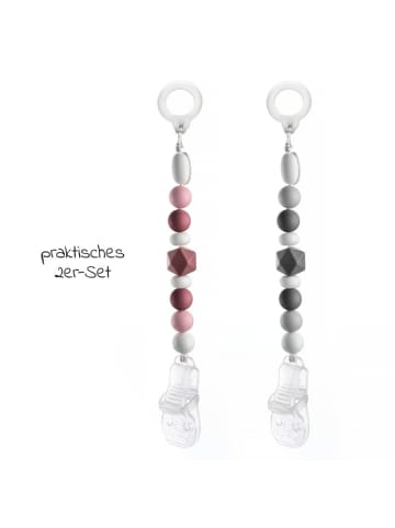 MiaMia Schnullerkette mit Silikon-Perlen & Gummiring in rosa,grau