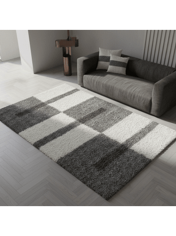 KADIMA DESIGN Teppich Hochflor Shaggy Waschbar Karo WERFEN Strapazierfähig in Hellgrau