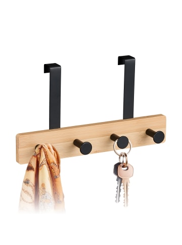 relaxdays Türgarderobe "4 Haken" in Schwarz/ Natur - (B)28 x (H)15,5 x (T)7 cm