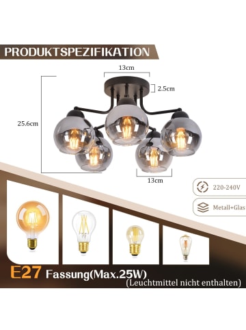 ZMH Deckenleuchte in rauchgrau 5-flammige E27 Glas Metall